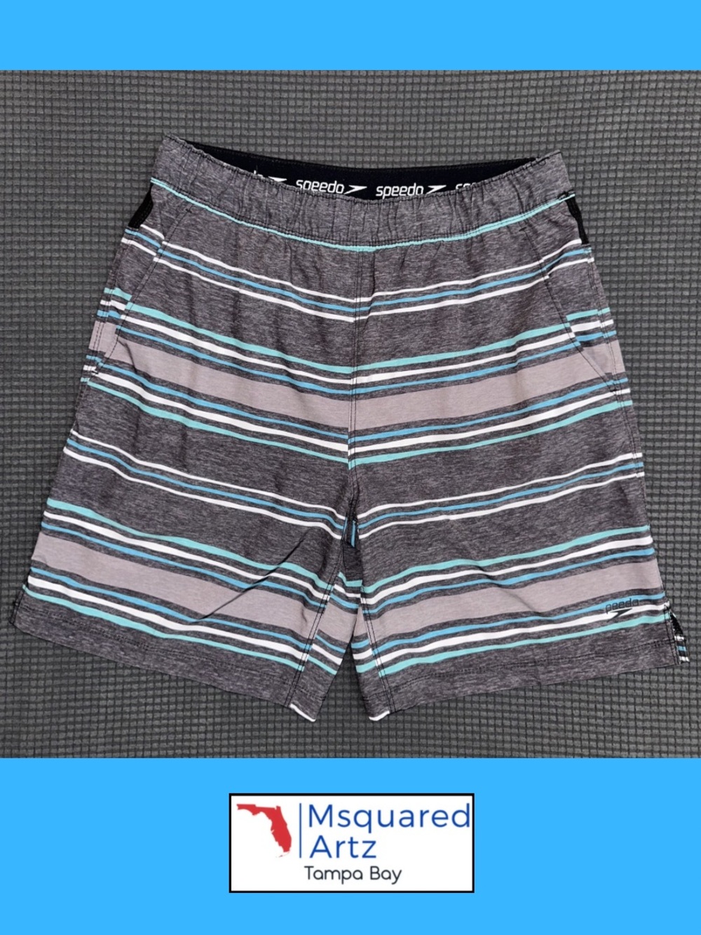 Speedo Swim Shorts Mens Small Gray Teal Striped Compression Lined Trunks